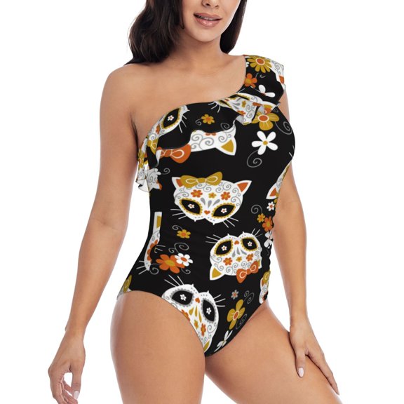 Daiia Flower Fox Women's One Piece Swimsuits Personalized One Shoulder Swimwear Asymmetric Ruffle Bathing Suits-Large