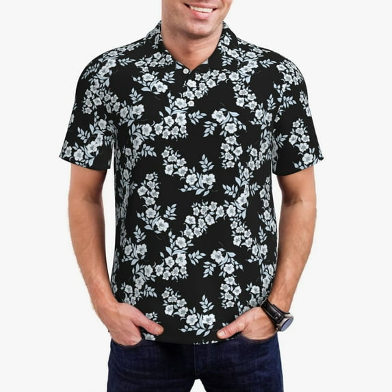 Daiia Flower Pattern Men’s Polo Shirts,Solid Deck Shirt,Classic Fit, Breathable Cotton Polo for Casual and Sport Wear-Medium