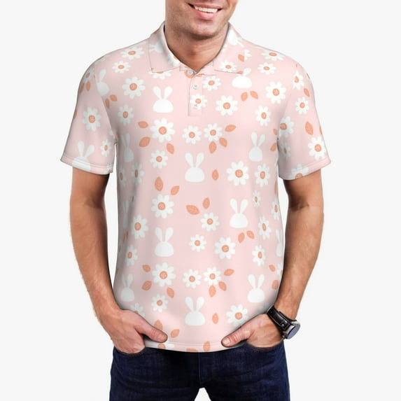 Daiia Flower Rabbit Pattern Men’s Polo Shirts,Solid Deck Shirt,Classic Fit, Breathable Cotton Polo for Casual and Sport Wear-Large