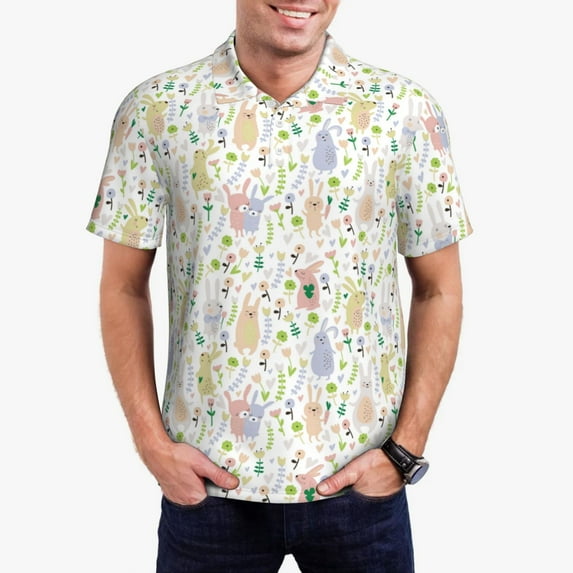 Daiia Flower Rabbit Pattern Men’s Polo Shirts,Solid Deck Shirt,Classic Fit, Breathable Cotton Polo for Casual and Sport Wear-X-Large
