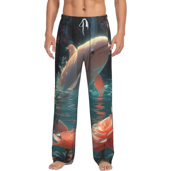 Daiia Flower White Dolphin Men's Sleep Pant with Pockets and Drawstring,Pajama Pants-Medium