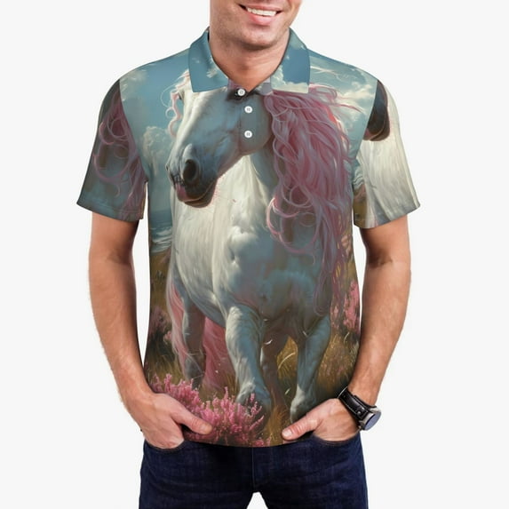 Daiia Flower White Horse (2) Pattern Men’s Polo Shirts,Solid Deck Shirt,Classic Fit, Breathable Cotton Polo for Casual and Sport Wear-Large