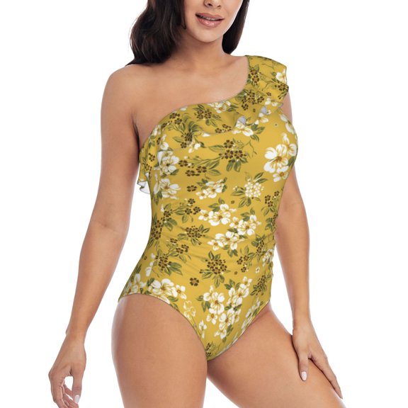 Daiia Flower Women's One Piece Swimsuits Personalized One Shoulder Swimwear Asymmetric Ruffle Bathing Suits-XX-Large