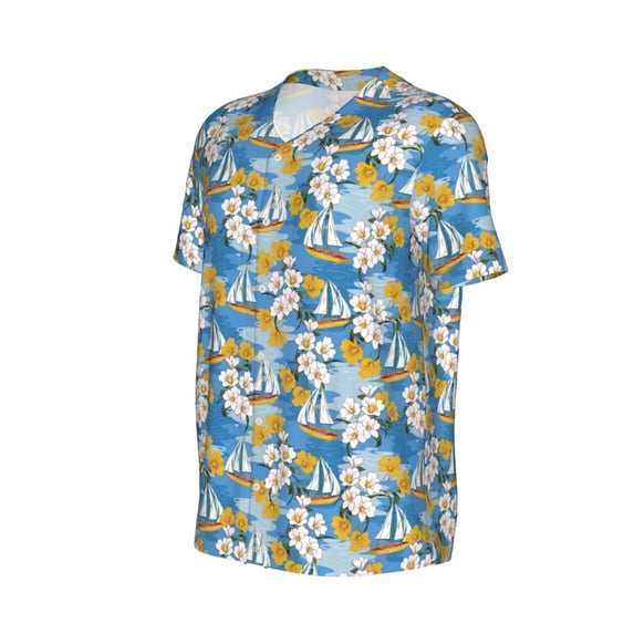 Daiia Flower and Sail Boat Mens Baseball Jersey Button Down Shirts Short Sleeve Sports Uniforms-Small