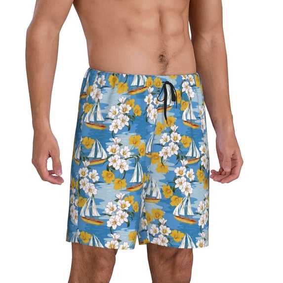 Daiia Flower and Sail Boat Mens Woven Stretch Pajama Short,Short Pajama Pants-Large