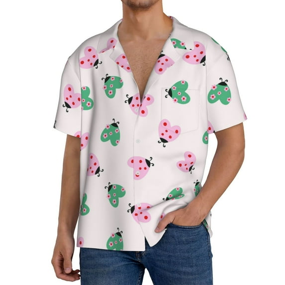 Daiia Flower on ladybirds Pattern Men's Linen Shirts Short Sleeve Casual Shirts Button Down Shirt for Men Beach Summer Wedding Shirt-3X-Large