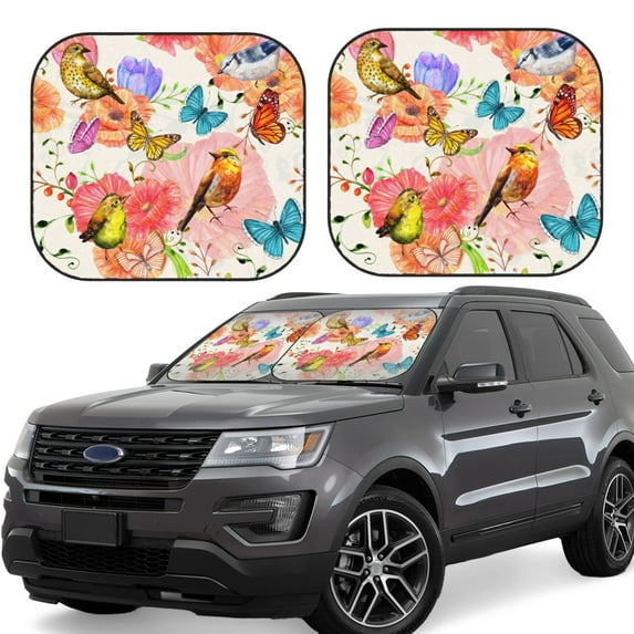 Daiia Flowers And Birds Watercolor 2PCS Car Windshield Sun Shade, Foldable Sun Shield for Car Front Window, Auto Sun Blocker Visor Protector Universal for Truck SUV Pickup-Large