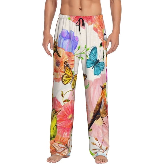 Daiia Flowers And Birds Watercolor Men's Sleep Pant with Pockets and Drawstring,Pajama Pants-Medium