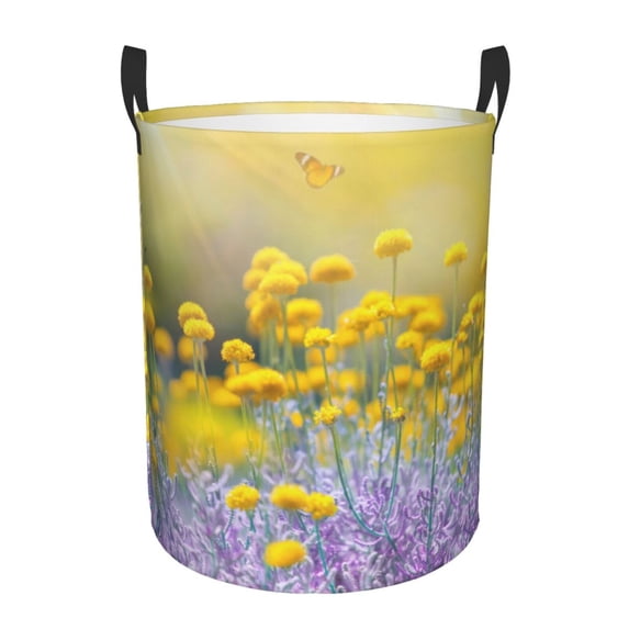 Daiia Flowers And Butterflies Round Laundry Basket with Handles Thickened Waterproof Circular hamper,Dirty Clothes Storage Basket for Bedroom,Bathroom,College Dorm-Medium