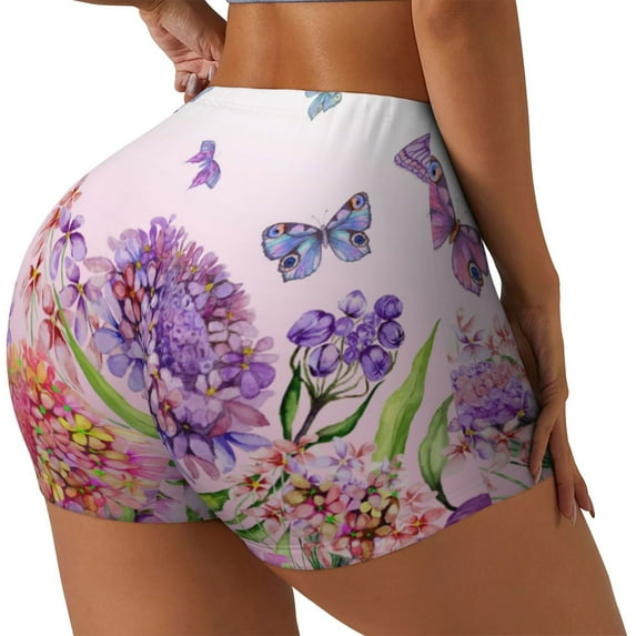 Daiia Flowers And Colorful Butterflies Pattern Women's Workout Shorts Biker Shorts - High Waisted Workout Spandex Tummy Control Gym Running Yoga Shorts-XX-Large