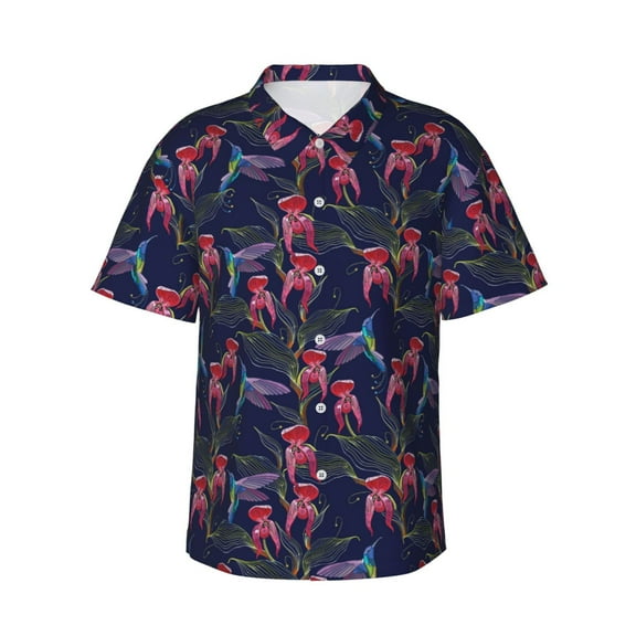 Daiia Flowers And Humming Bird Hawaiian Shirt for Men Gentle Cotton Regular Short Sleeve Casual-Large