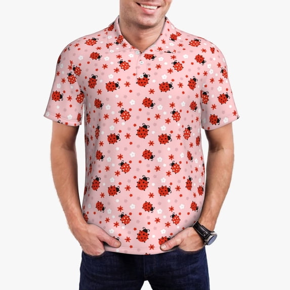Daiia Flowers And Ladybugs Pattern Men’s Polo Shirts,Solid Deck Shirt,Classic Fit, Breathable Cotton Polo for Casual and Sport Wear-Large