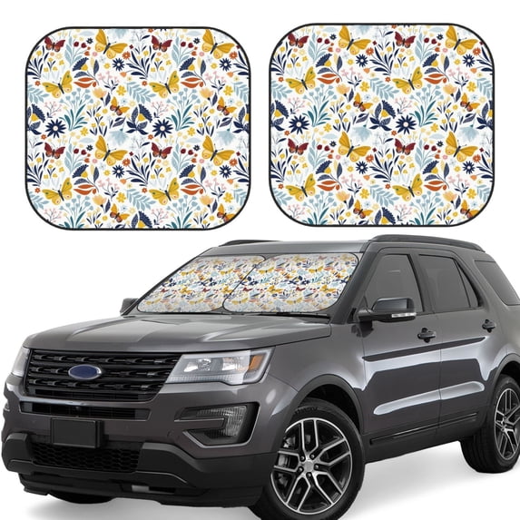 Daiia Flowers Butterfly 2PCS Car Windshield Sun Shade, Foldable Sun Shield for Car Front Window, Auto Sun Blocker Visor Protector Universal for Truck SUV Pickup-Medium