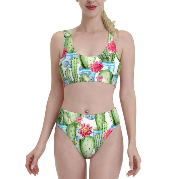 Daiia Flowers and Cactus printed 2 piece Swimsuit Bikinis for Women High Waisted Racerback Bathing Suits Summer Tummy Control Scoop Neck Swimwear-XX-Large
