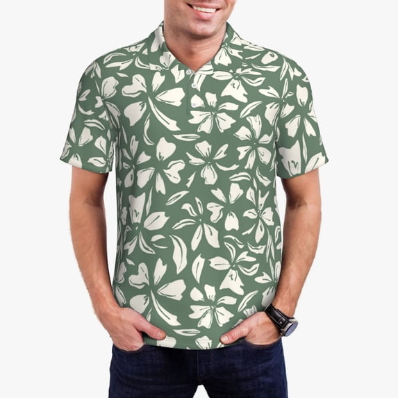 Daiia Flowers With Leaves Pattern Men’s Polo Shirts,Solid Deck Shirt,Classic Fit, Breathable Cotton Polo for Casual and Sport Wear-Medium