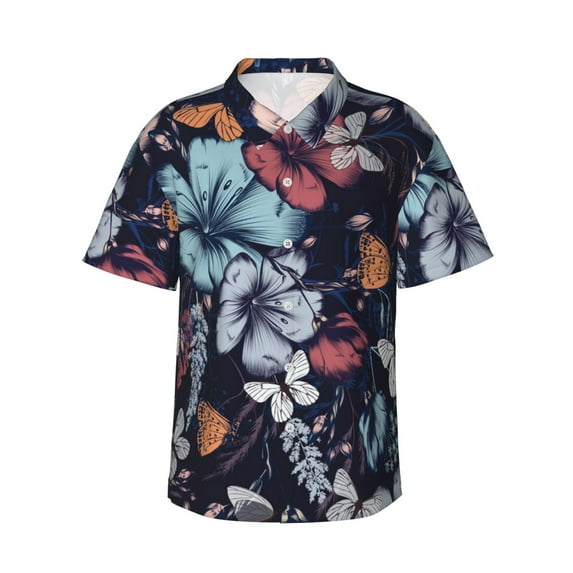 Daiia Flowers ad Butterflies Hawaiian Shirt for Men Gentle Cotton Regular Short Sleeve Casual-XX-Large