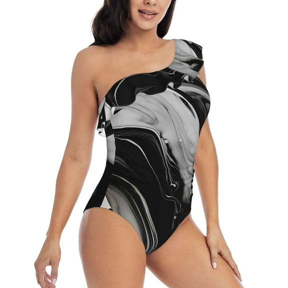 Daiia Fluid Black White Paint Swirls Women's One Piece Swimsuits Personalized One Shoulder Swimwear Asymmetric Ruffle Bathing Suits-X-Large