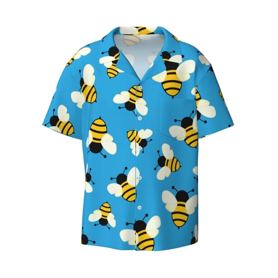 Daiia Flying Bees Men's Linen Shirts Short Sleeve Casual Shirts Button Down Shirt for Men Beach Summer Wedding Shirt-4X-Large