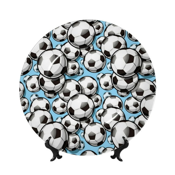 Daiia Football Soccer Ball Printed Pattern Ceramic Plate Dinner Plates Bone China Decorative Plates with Display Stand Art Ceramic Ornaments for Wall Hanging Decoration-6in