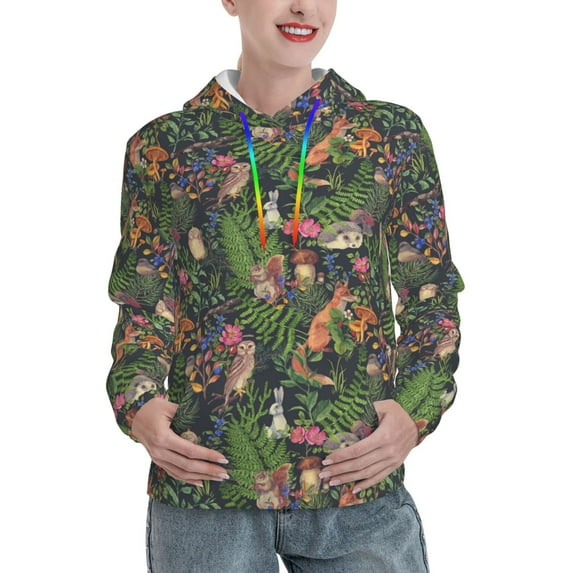 Daiia Forest Animals And Plants Pattern Women's Fashion Hoodies & Sweatshirts with Kangaroo Pocket Hooded Sweatshirt with Eye-catching Drawstrings-Medium