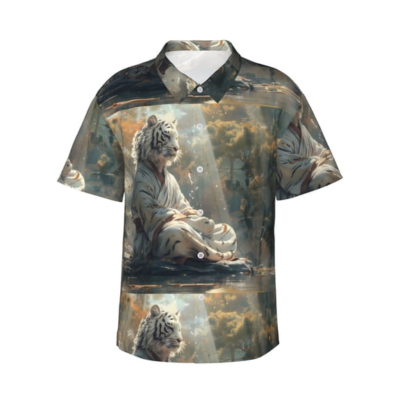 Daiia Forest Meditating White Tiger Hawaiian Shirt for Men Gentle Cotton Regular Short Sleeve Casual-Medium