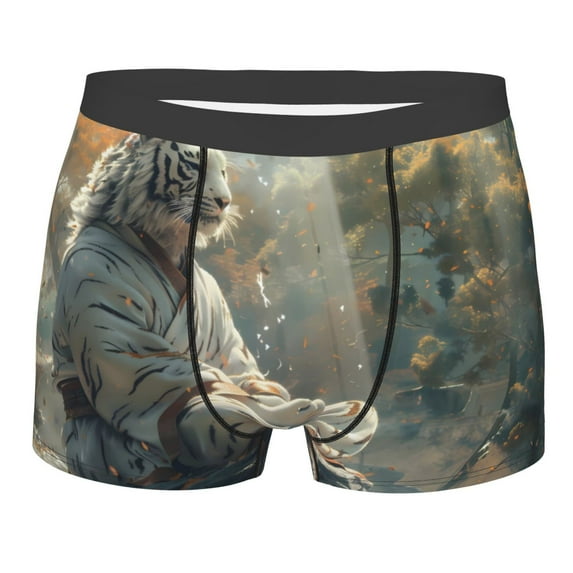 Daiia Forest Meditating White Tiger Men's Underwear Boxer Briefs, Cotton Stretch Moisture-Wicking Underwear-Medium