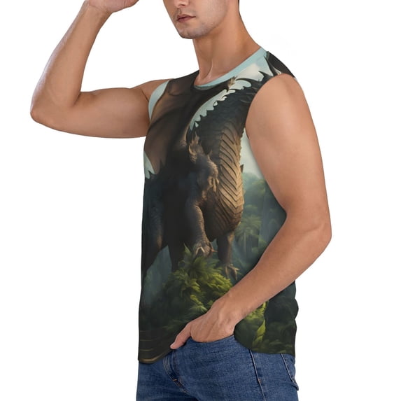 Daiia Forest Stone-Colored Dragon Printed Men's Tank Tops,Casual Soft Sleeveless Gym Muscle Shirts Bodybuilding Tee-X-Large