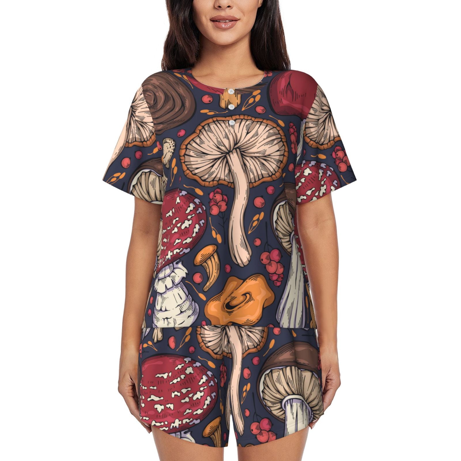 Laprad Women's Cute Frog & Mushroom Pajama Set - Short Sleeve Top & Shorts With Pockets - View #7