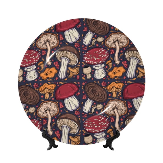 Daiia Forest Wild Mushroom Printed Pattern Ceramic Plate Dinner Plates Bone China Decorative Plates with Display Stand Art Ceramic Ornaments for Wall Hanging Decoration-7in