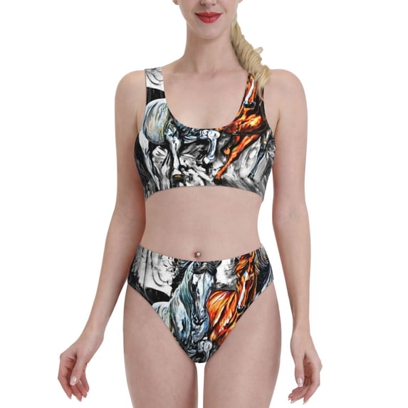 Daiia Four Running Horses printed 2 piece Swimsuit Bikinis for Women High Waisted Racerback Bathing Suits Summer Tummy Control Scoop Neck Swimwear-Medium