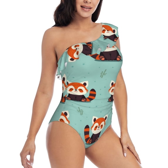 Daiia Fox Women's One Piece Swimsuits Personalized One Shoulder Swimwear Asymmetric Ruffle Bathing Suits-Medium