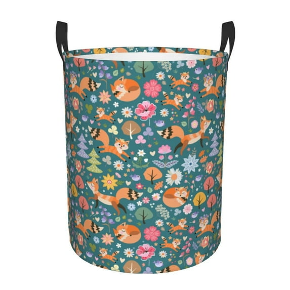 Daiia Foxes and Birds in Forest Round Laundry Basket with Handles Thickened Waterproof Circular hamper,Dirty Clothes Storage Basket for Bedroom,Bathroom,College Dorm-Small