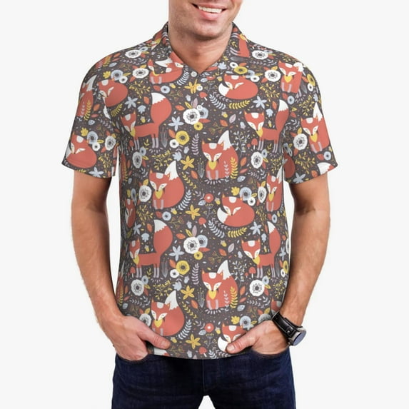 Daiia Foxes Pattern Men’s Polo Shirts,Solid Deck Shirt,Classic Fit, Breathable Cotton Polo for Casual and Sport Wear-3X-Large