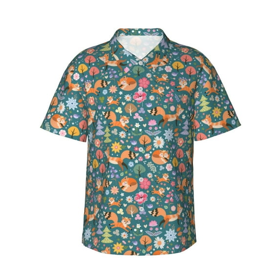 Daiia Foxes and Birds in Forest Hawaiian Shirt for Men Gentle Cotton Regular Short Sleeve Casual-3X-Large