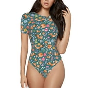 Daiia Foxes and Birds in Forest print Women's Crew Neck Short Sleeve Bodysuit Fashion Tops Fit Casual Basic Extender Bodysuit-Small