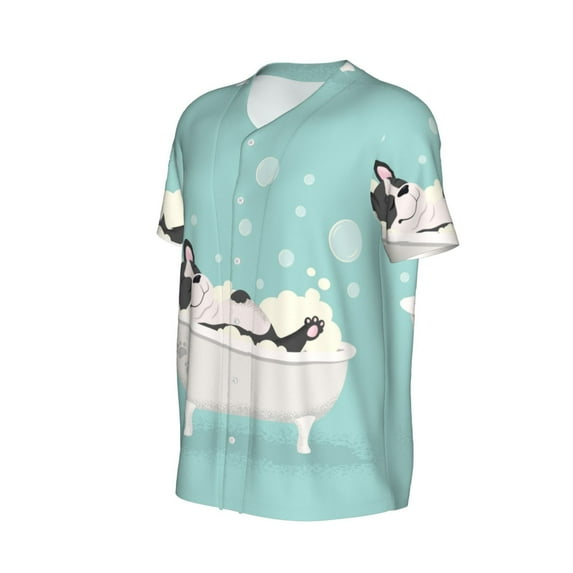 Daiia French Bulldog Taking a Bath Mens Baseball Jersey Button Down Shirts Short Sleeve Sports Uniforms-4X-Large