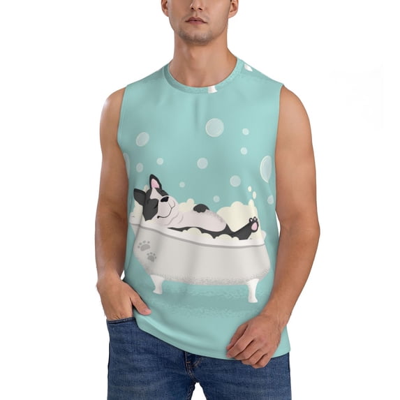 Daiia French Bulldog Taking a Bath Printed Men's Tank Tops,Casual Soft Sleeveless Gym Muscle Shirts Bodybuilding Tee-X-Large