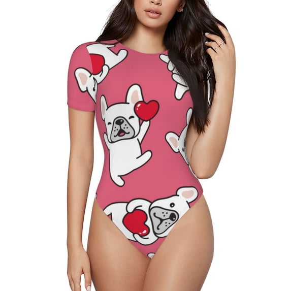 Daiia French Bulldog print Women's Crew Neck Short Sleeve Bodysuit Fashion Tops Fit Casual Basic Extender Bodysuit-Small
