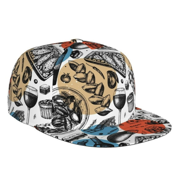 Daiia French Food print Flat Bill Hats Flat Brim Trucker Cap Baseball Cap Adjustable Classic Low Profile Hat Unconstructed Plain Cap
