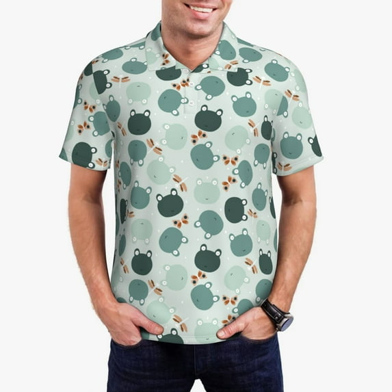Daiia Frog And Dragonflies Pattern Men’s Polo Shirts,Solid Deck Shirt,Classic Fit, Breathable Cotton Polo for Casual and Sport Wear-X-Large