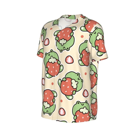 Daiia Frog Hold Strawberry Mens Baseball Jersey Button Down Shirts Short Sleeve Sports Uniforms-X-Large