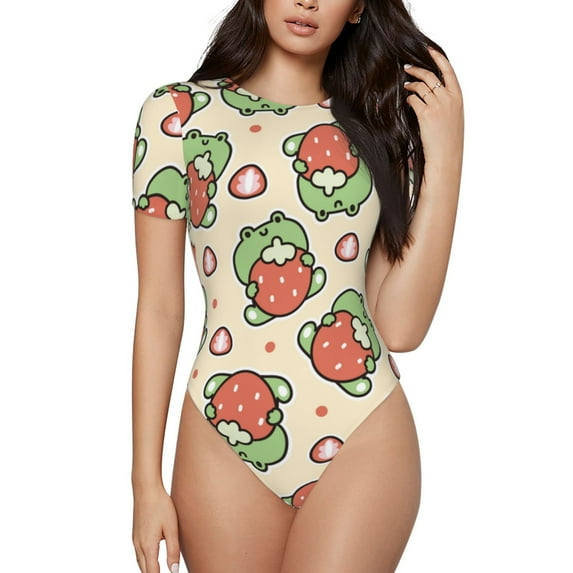 Daiia Frog Hold Strawberry print Women's Crew Neck Short Sleeve Bodysuit Fashion Tops Fit Casual Basic Extender Bodysuit-Small