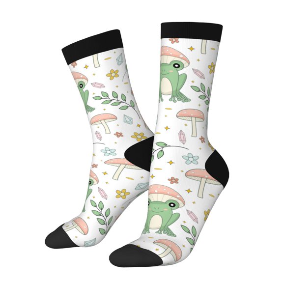 Daiia Frog and Mushrooms Print Crew Socks – Soft Breathable Long Socks for Men & Women, Moisture-Wicking & Comfortable Daily Wear Socks, One-Size Fits Most (US 5-11)