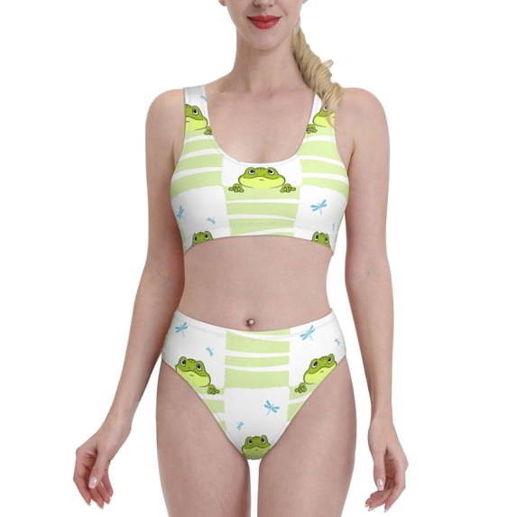 Daiia Frogs and Dragonflies printed 2 piece Swimsuit Bikinis for Women High Waisted Racerback Bathing Suits Summer Tummy Control Scoop Neck Swimwear-Large