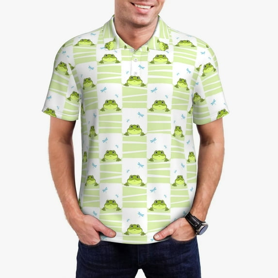 Daiia Frogs and Dragonflies Pattern Men’s Polo Shirts,Solid Deck Shirt,Classic Fit, Breathable Cotton Polo for Casual and Sport Wear-Large