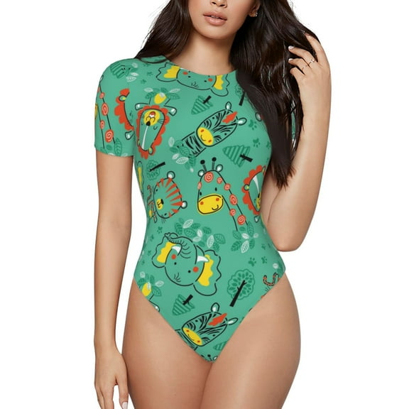 Daiia Funny Animals In Jungle Women'S Crew Neck Short Sleeve Slim Fit T Shirts Tops Basic Bodysuit Leotard Clothing-Small