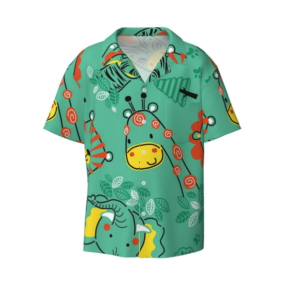 Daiia Funny Animals in Jungle Men's Linen Shirts Short Sleeve Casual Shirts Button Down Shirt for Men Beach Summer Wedding Shirt-X-Large