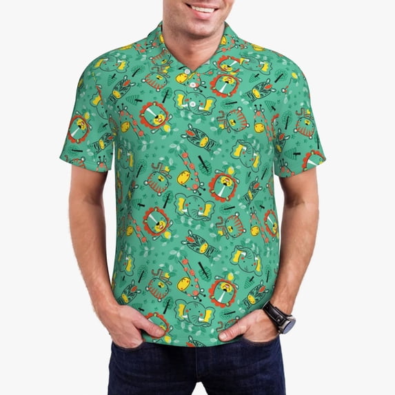 Daiia Funny Animals in Jungle Pattern Men’s Polo Shirts,Solid Deck Shirt,Classic Fit, Breathable Cotton Polo for Casual and Sport Wear-Small