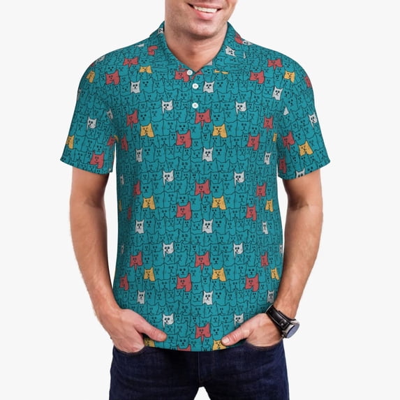 Daiia Funny Cat Blue Pattern Men’s Polo Shirts,Solid Deck Shirt,Classic Fit, Breathable Cotton Polo for Casual and Sport Wear-Medium