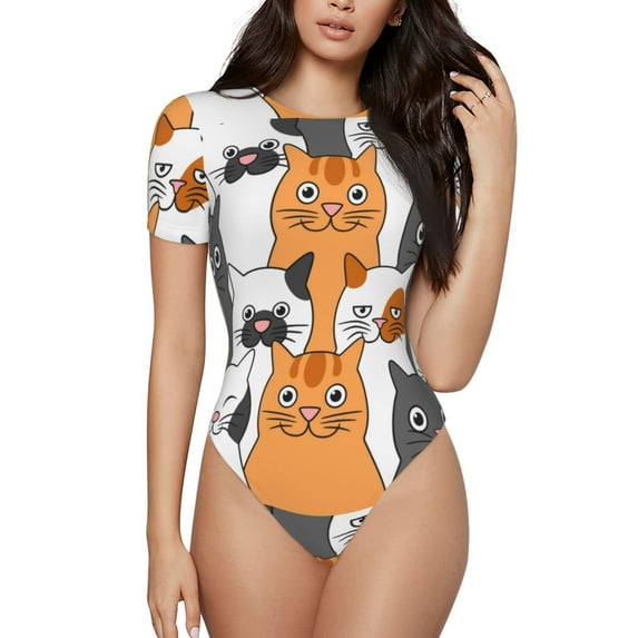 Daiia Funny Cats print Women's Crew Neck Short Sleeve Bodysuit Fashion Tops Fit Casual Basic Extender Bodysuit-Medium